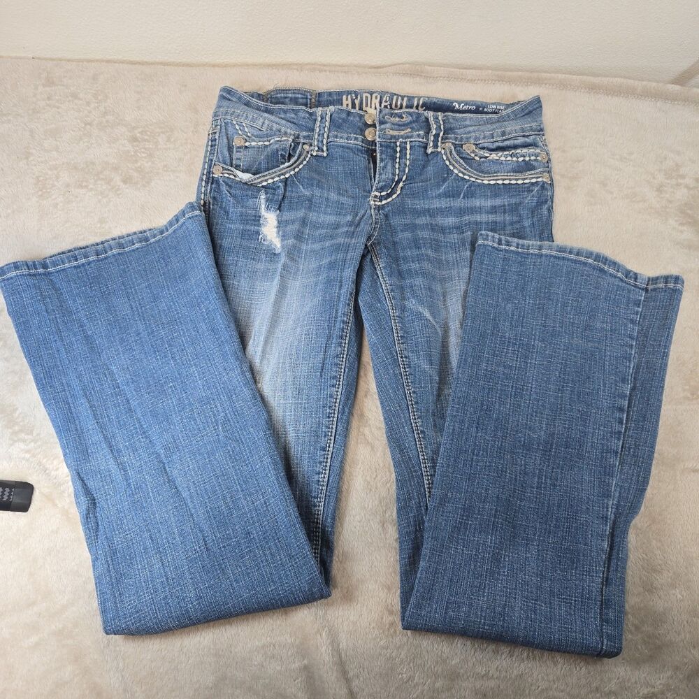 Hydraulic Metro Low Rise Bootcut Distressed Jeans Y2K Flap Pocket Sz 9/10